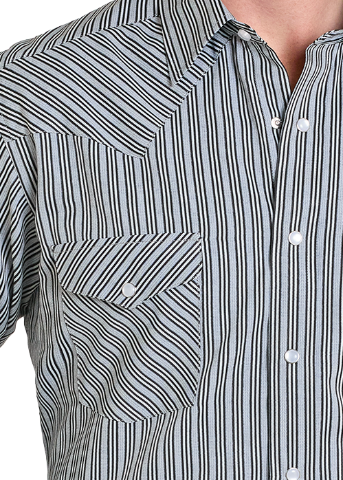 Man wearing a striped shirt, jeans, and a cowboy hat on a white background