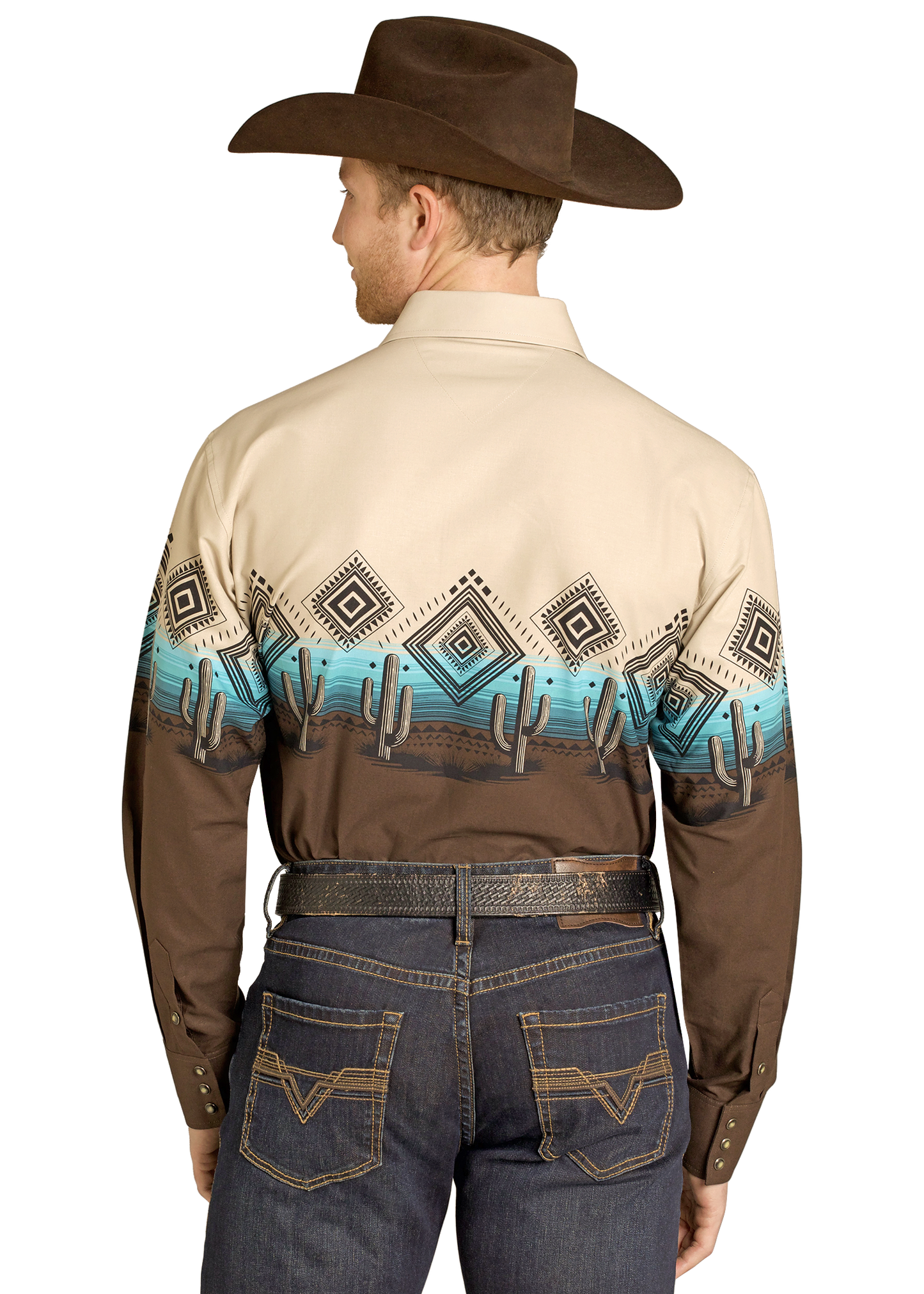 Man wearing a western-style shirt with a patterned design on the back, brown cowboy hat, and jeans.