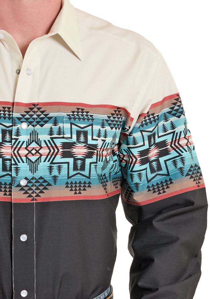 Man wearing a patterned shirt with a cowboy hat on a white background