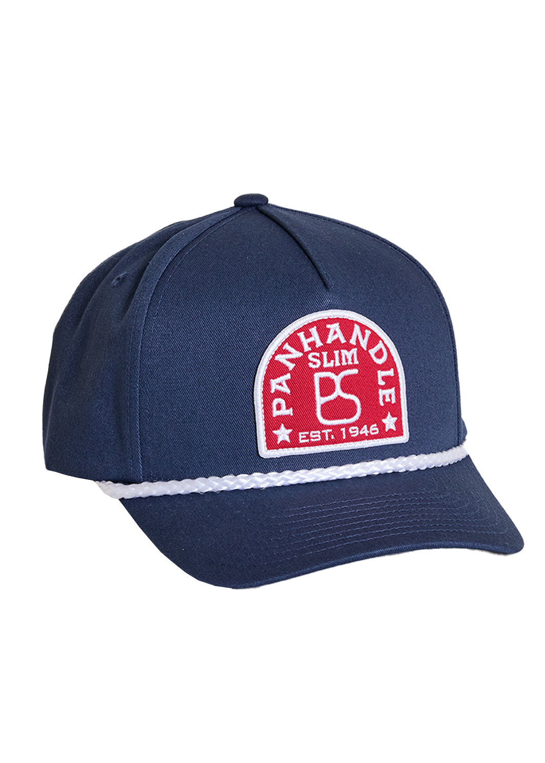 Navy blue cap with a red and white logo on a white background
