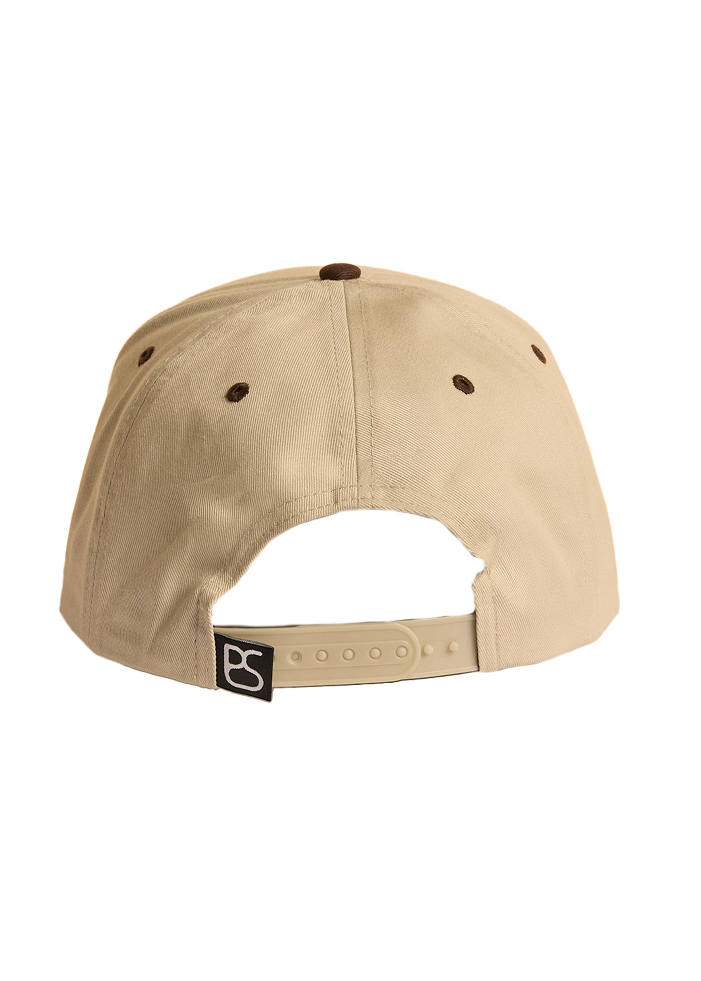 Beige cap with a brand logo on a white background