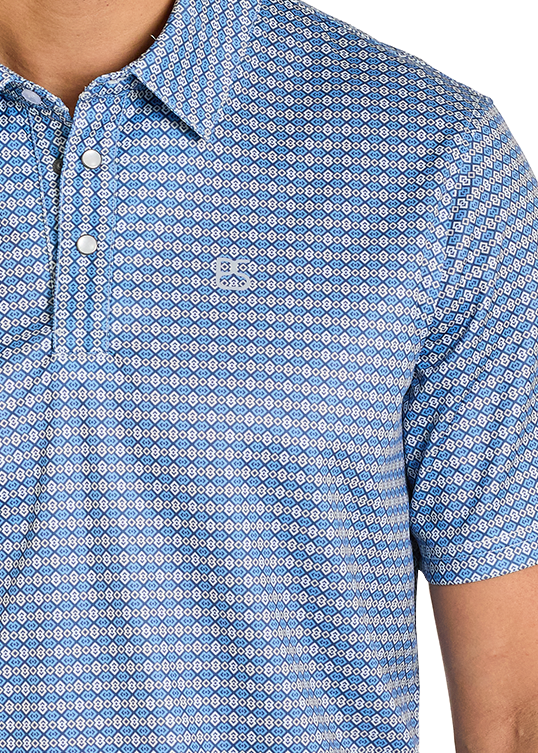 Blue patterned short-sleeve shirt worn by a person