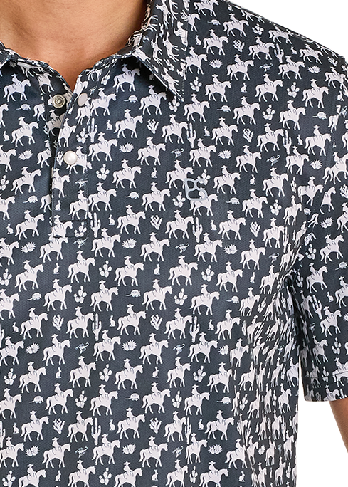 Close-up of a shirt with a white horse pattern on a dark background