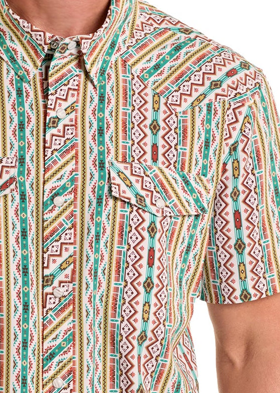 Short-sleeve shirt with a colorful geometric pattern on a white background