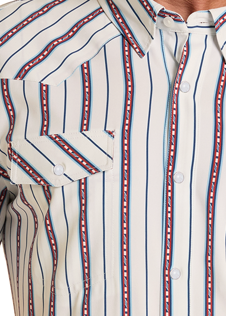 Close up of Man wearing a striped short-sleeve shirt on a white background