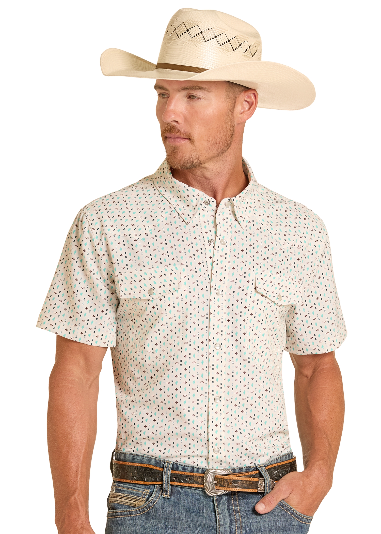 Men's Western Cactus Short Sleeve Snap Performance Shirt XL