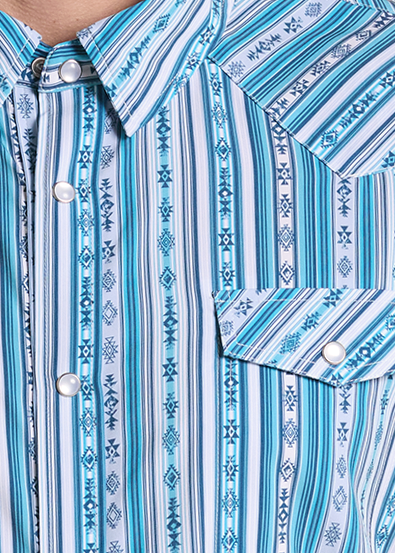 close up of a light blue and white vertically striped western.