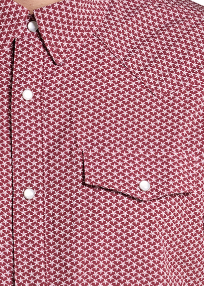 close up of a short-sleeve button-up western shirt with a red and white micro-star pattern.