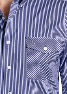 detail image of a blue and white vertically striped western long-sleeve button-down shirt.