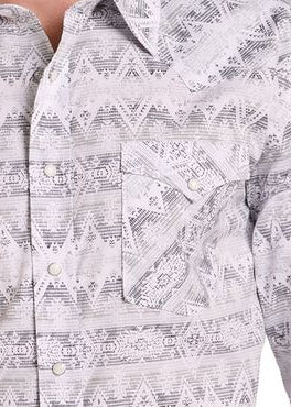Close up of a men's Aztec print pearl snap shirt.