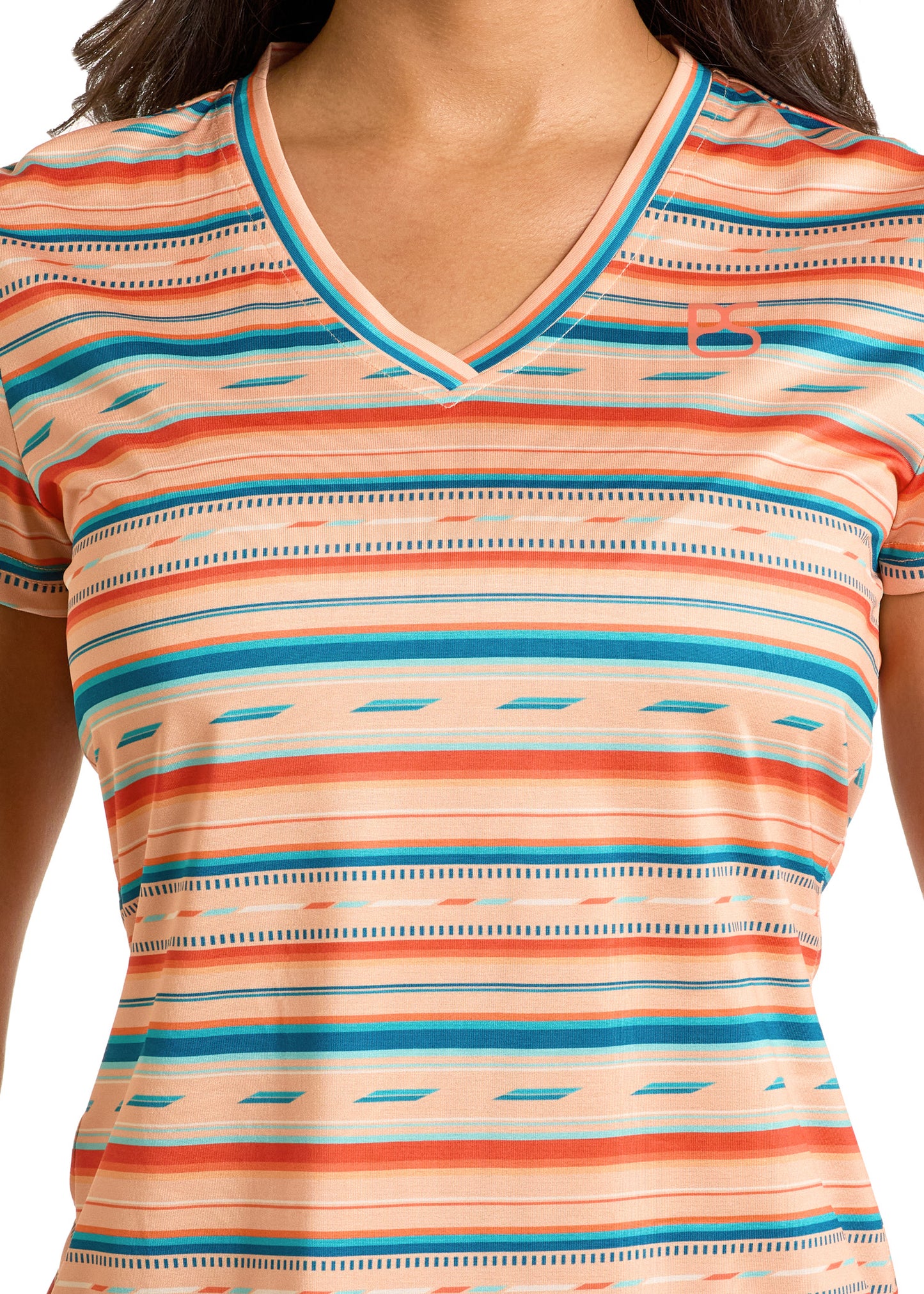 Close-up of a woman wearing a striped shirt with orange, blue, and beige colors.