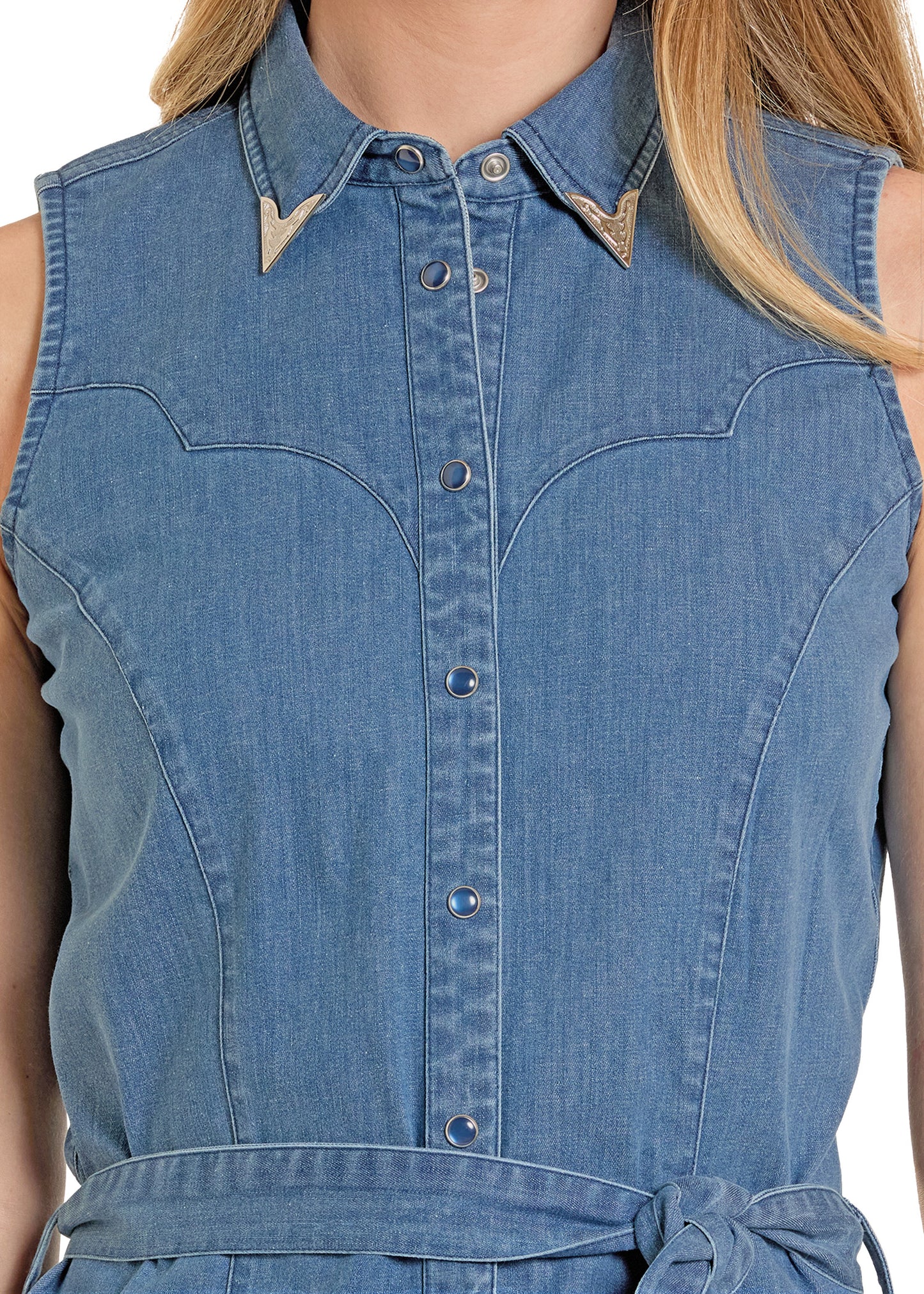 Blue denim sleeveless dress with a belt on a white background