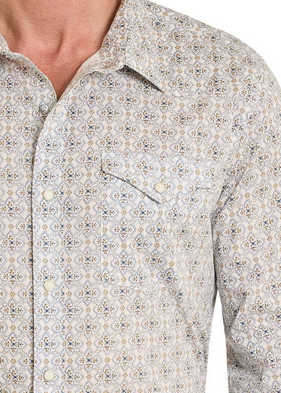 Man wearing a patterned long-sleeve shirt, jeans, and a straw hat on a white background