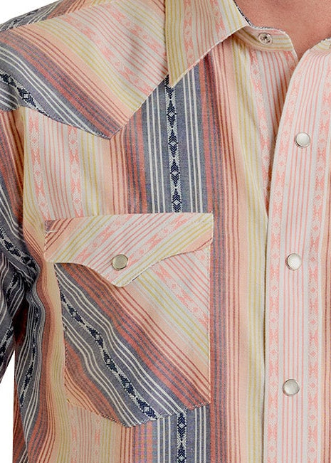 close up detail of a striped men's pearl snap.