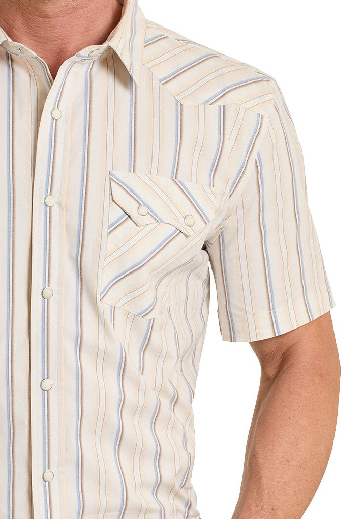 Man wearing a striped shirt, cowboy hat, and jeans on a white background
