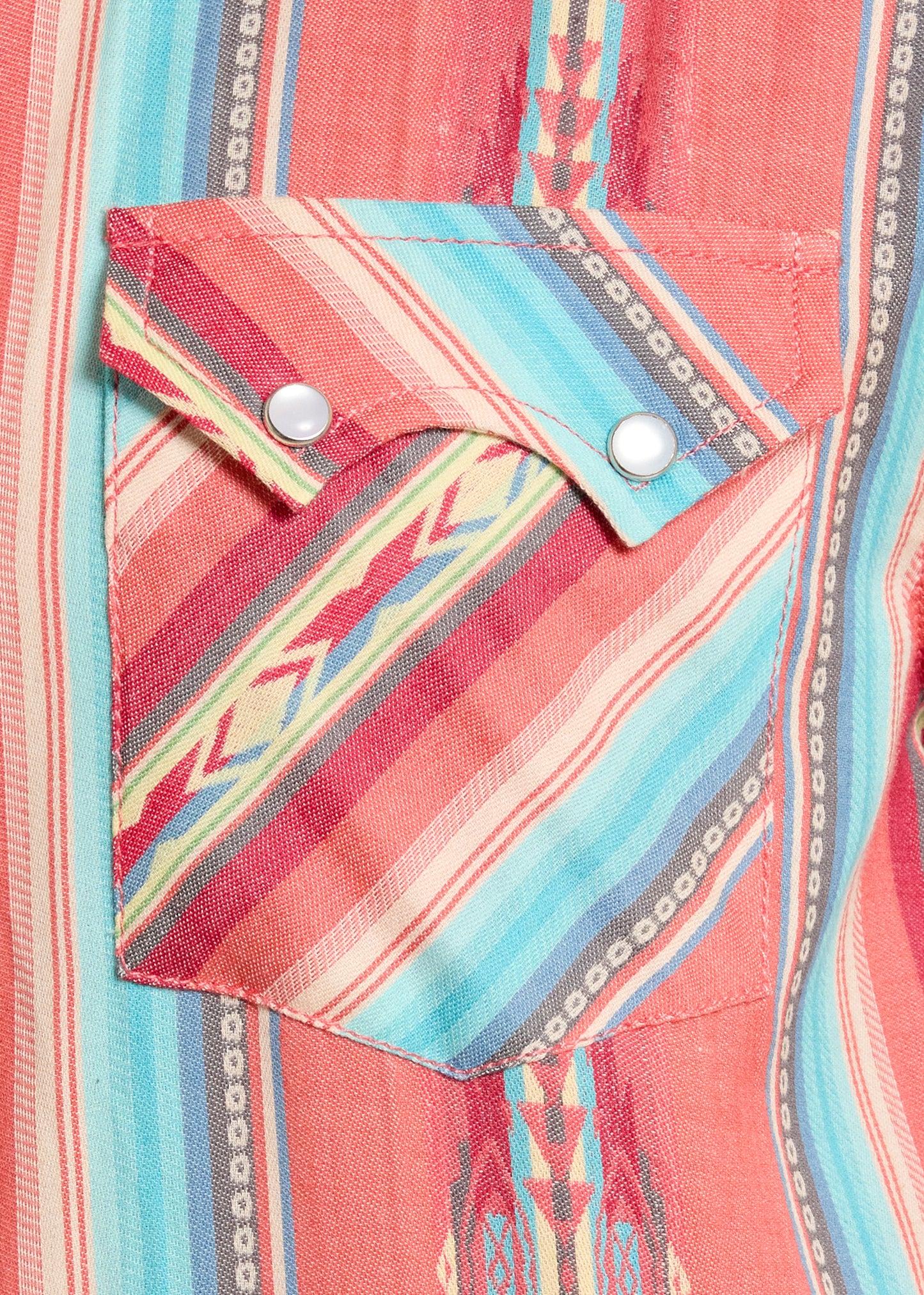 Close-up of a colorful striped shirt with a pocket detail