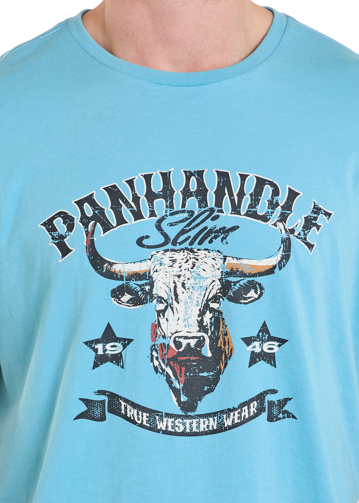 Light blue t-shirt with a graphic of a bull's head and 'Panhandle Slim' branding.