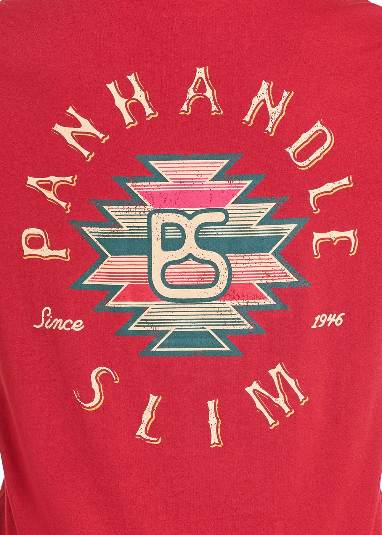 Red t-shirt with 'Panhandle Slim' logo and text on the back