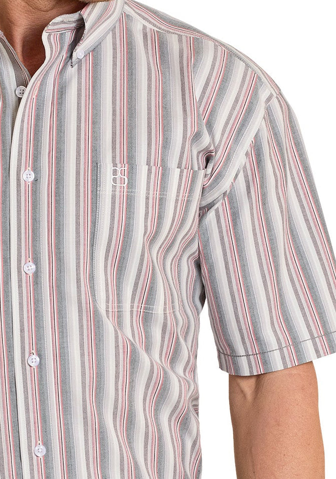 Man wearing a striped shirt, jeans, and a cowboy hat on a white background