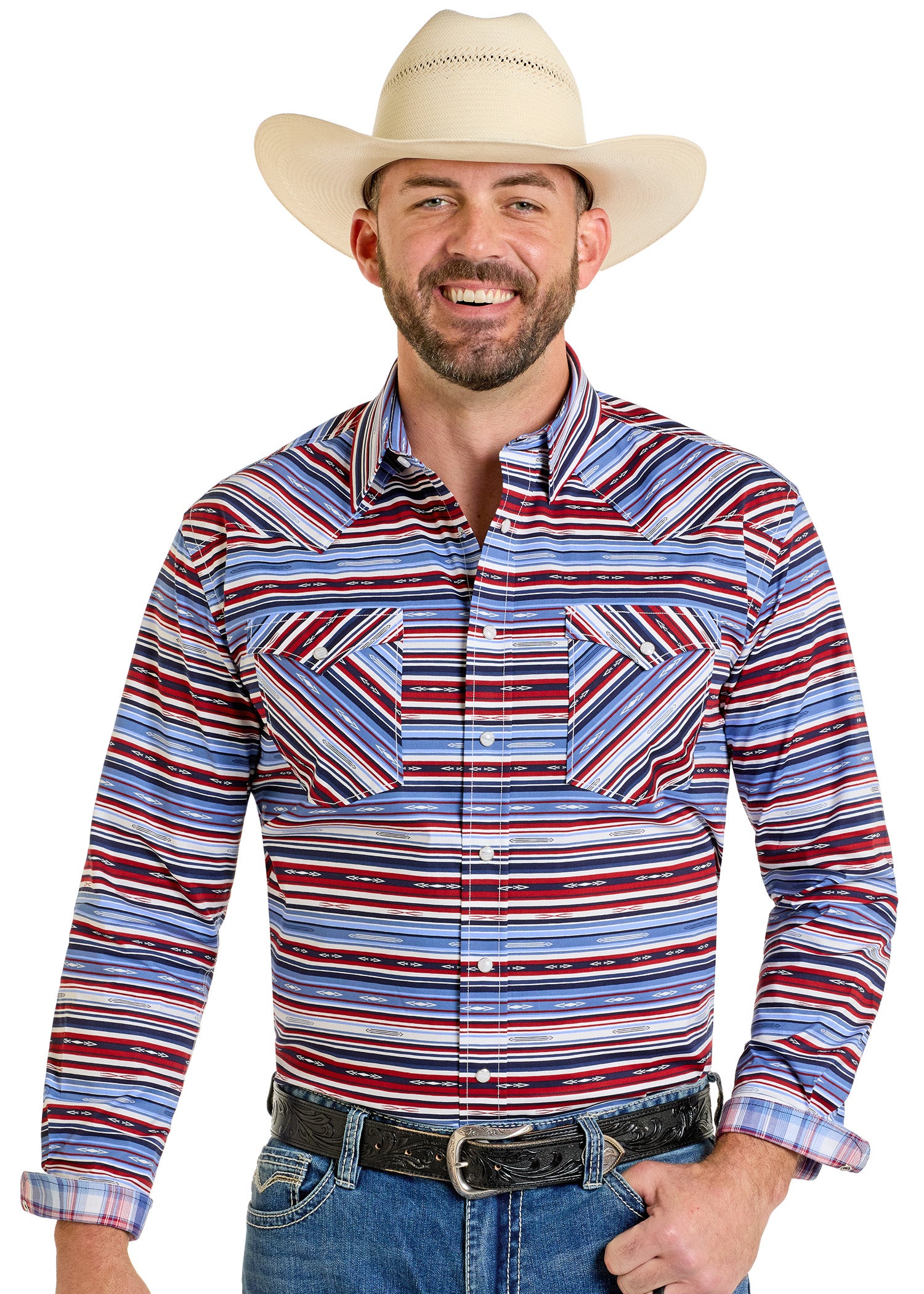 Men's Rough Stock Red, White & Blue Long Sleeve Snap Shirt