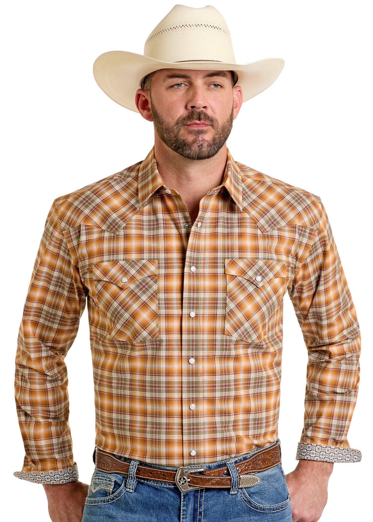 Men's Rough Stock Rust Plaid Long Sleeve Snap Shirt | Panhandle Slim