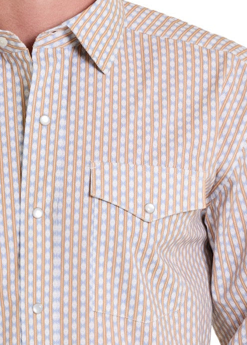 Man wearing a beige cowboy hat, patterned long-sleeve shirt, and jeans on a white background