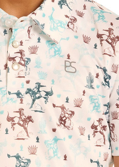 Child wearing a cowboy hat and patterned shirt on a white background