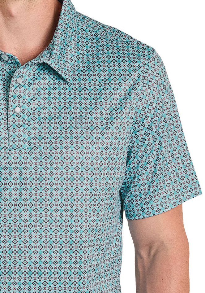 Man wearing a patterned polo shirt and cowboy hat on a white background