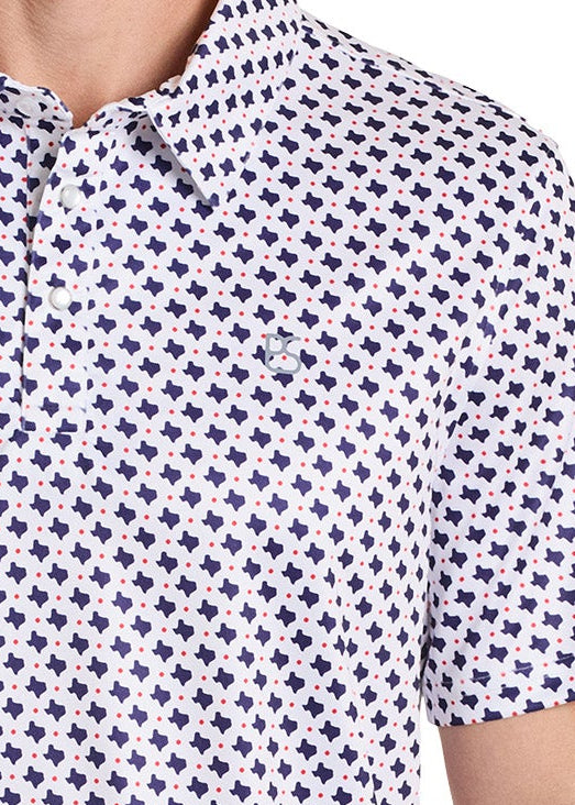 Man wearing a patterned polo shirt and cowboy hat on a white background