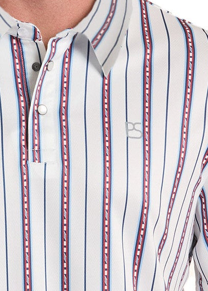 Close up of Americana Stripe pearl snap polo