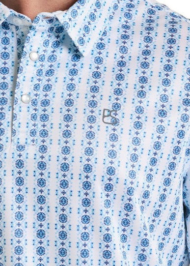 Close up of a men's performance pearl snap polo