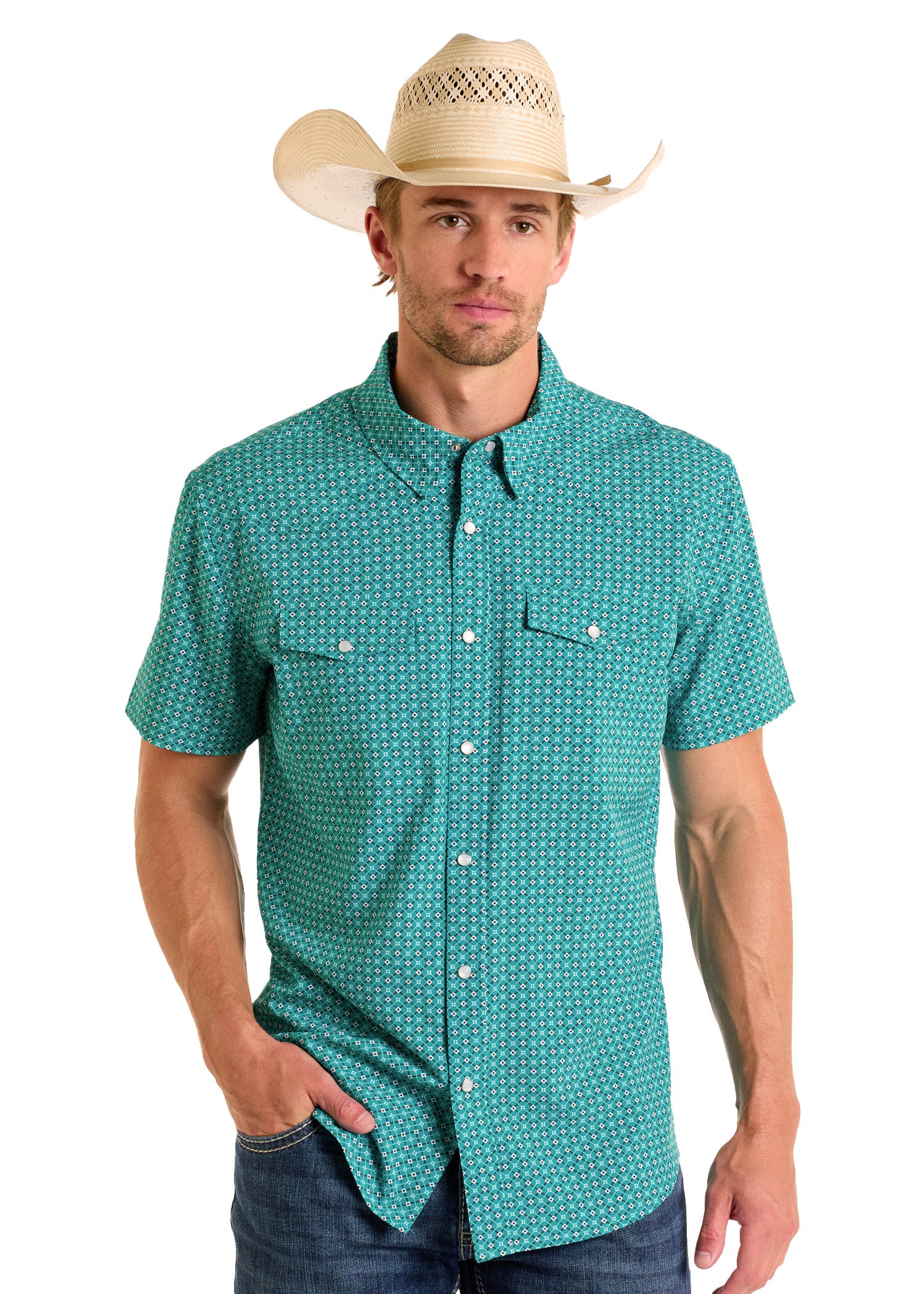 turquoise dress shirt Panhandle Men's Turquoise Geo Print Performance Snap Shirt, S