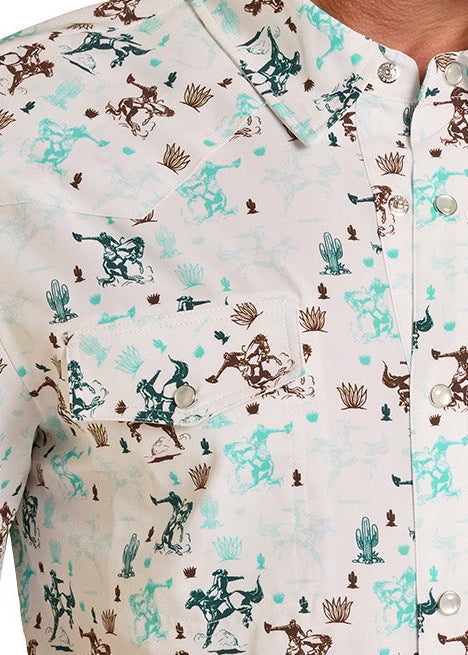 Detail shot of a men's western print pearl snap shirt