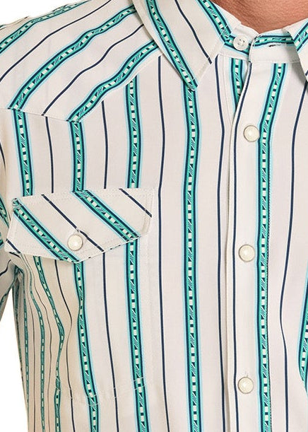 Detail shot of a men's Western Stripe pearl snap shirt
