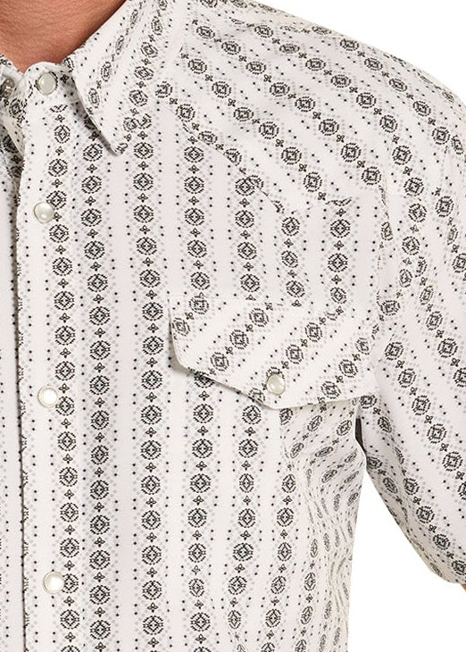 Detail image of a men's western pearl snap shirt.