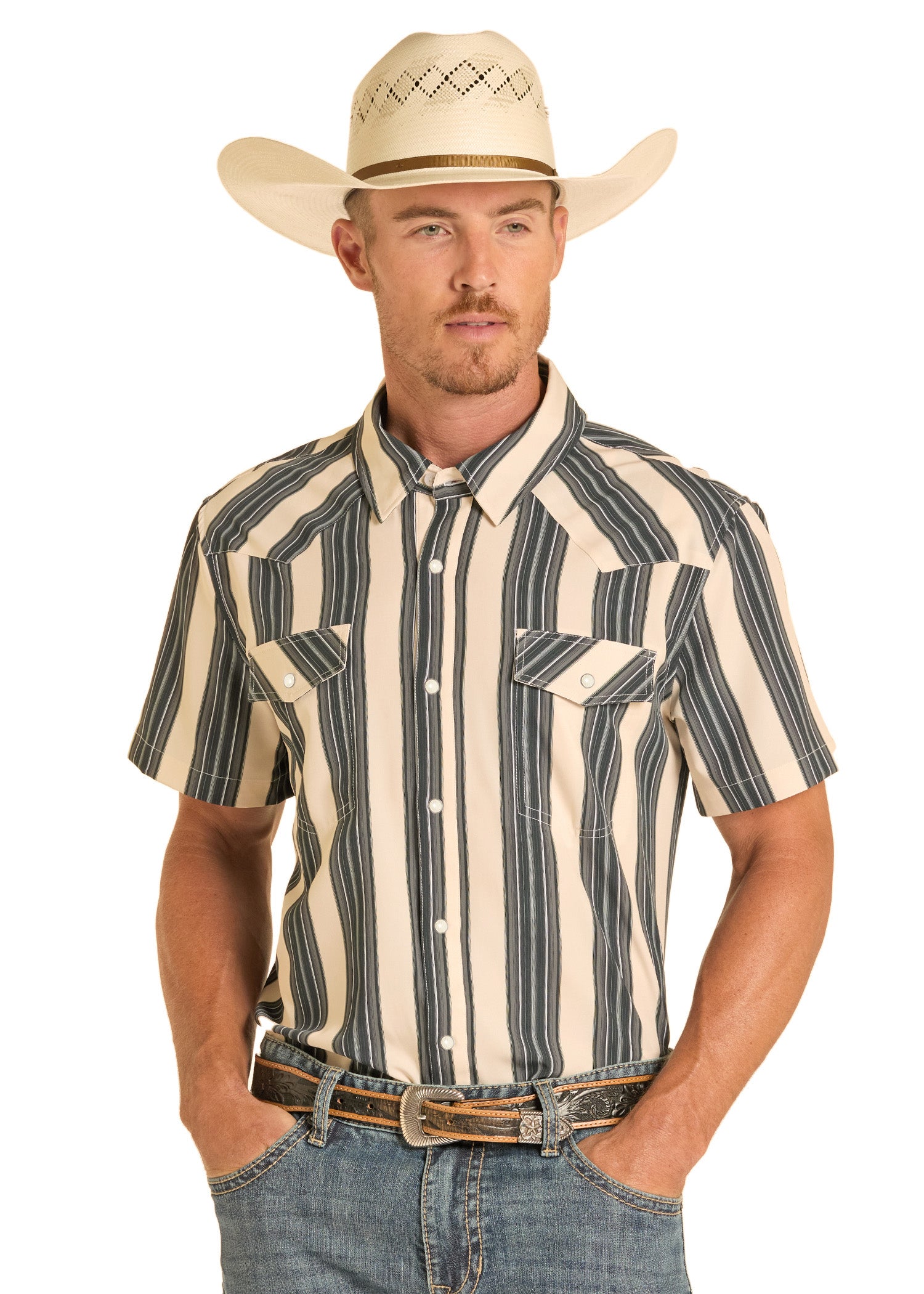 Men's Western Black Stripe Short Sleeve Snap Performance Shirt M