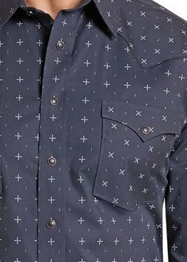 close up of a dark navy long-sleeve western-style button-down shirt with a small white geometric pattern.