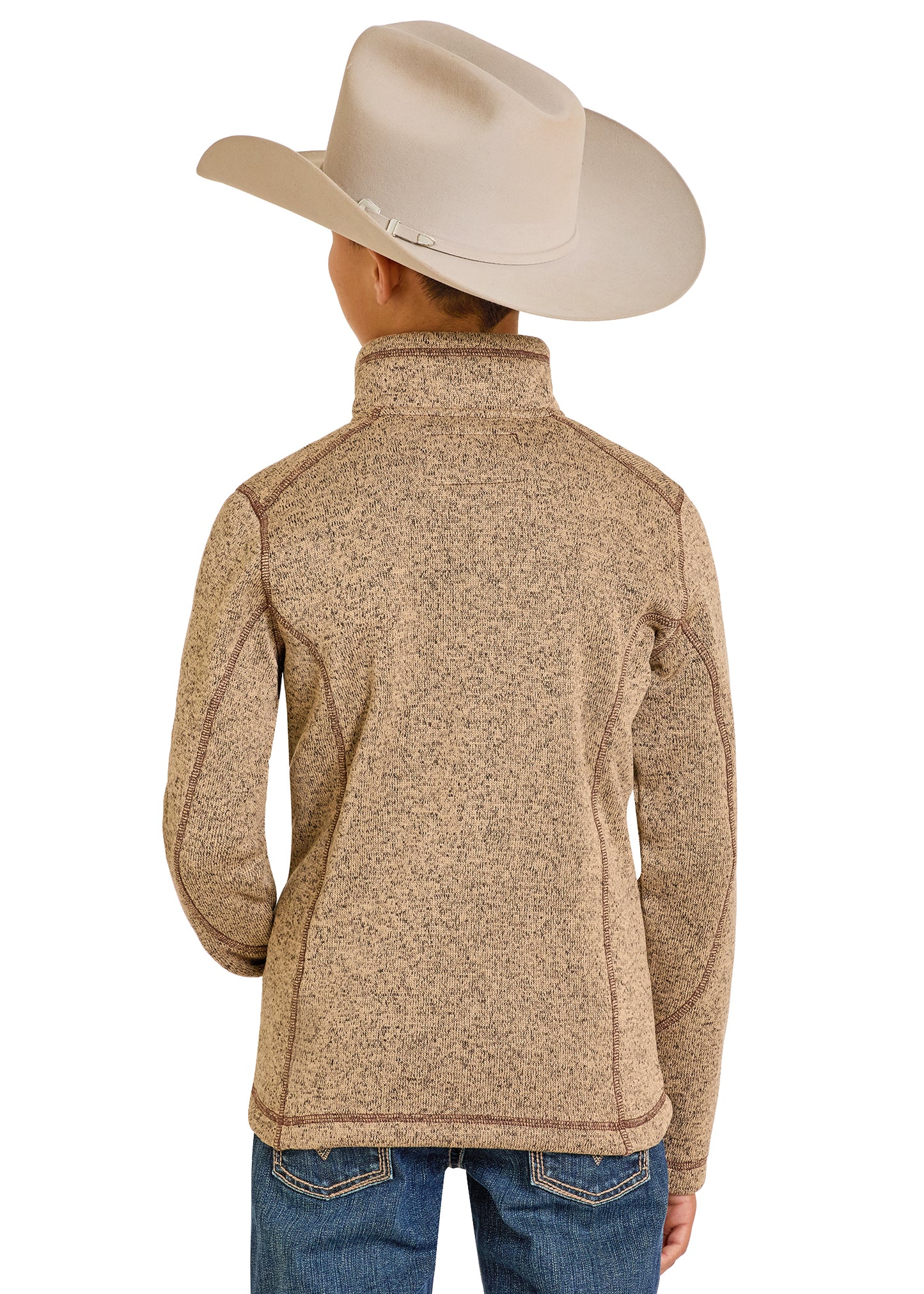 Person wearing a beige fleece jacket and cowboy hat on a white background