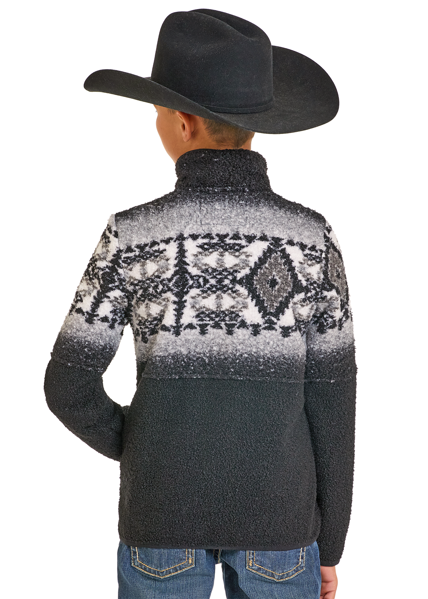 Person wearing a patterned sweater and cowboy hat on a white background
