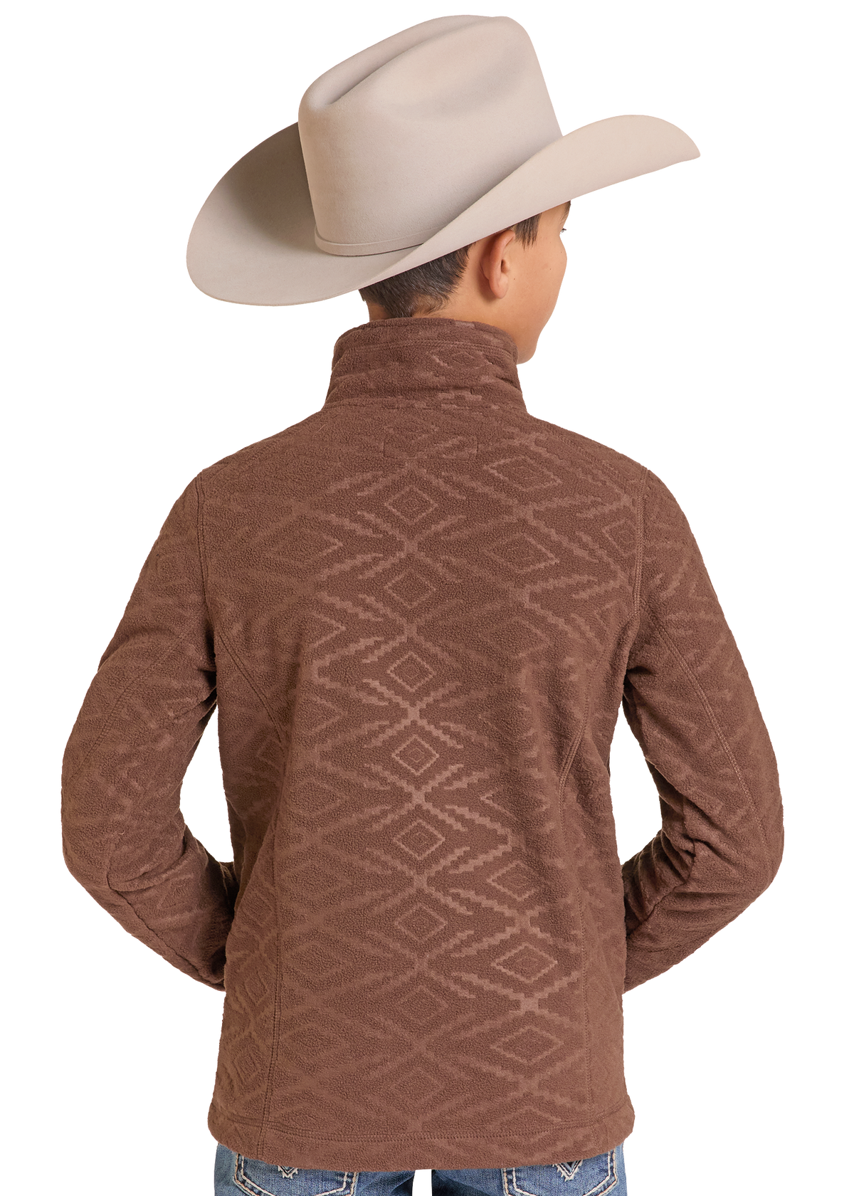 A child wearing a brown textured quarter-zip fleece jacket with a geometric diamond pattern, paired with a beige cowboy hat and blue jeans.