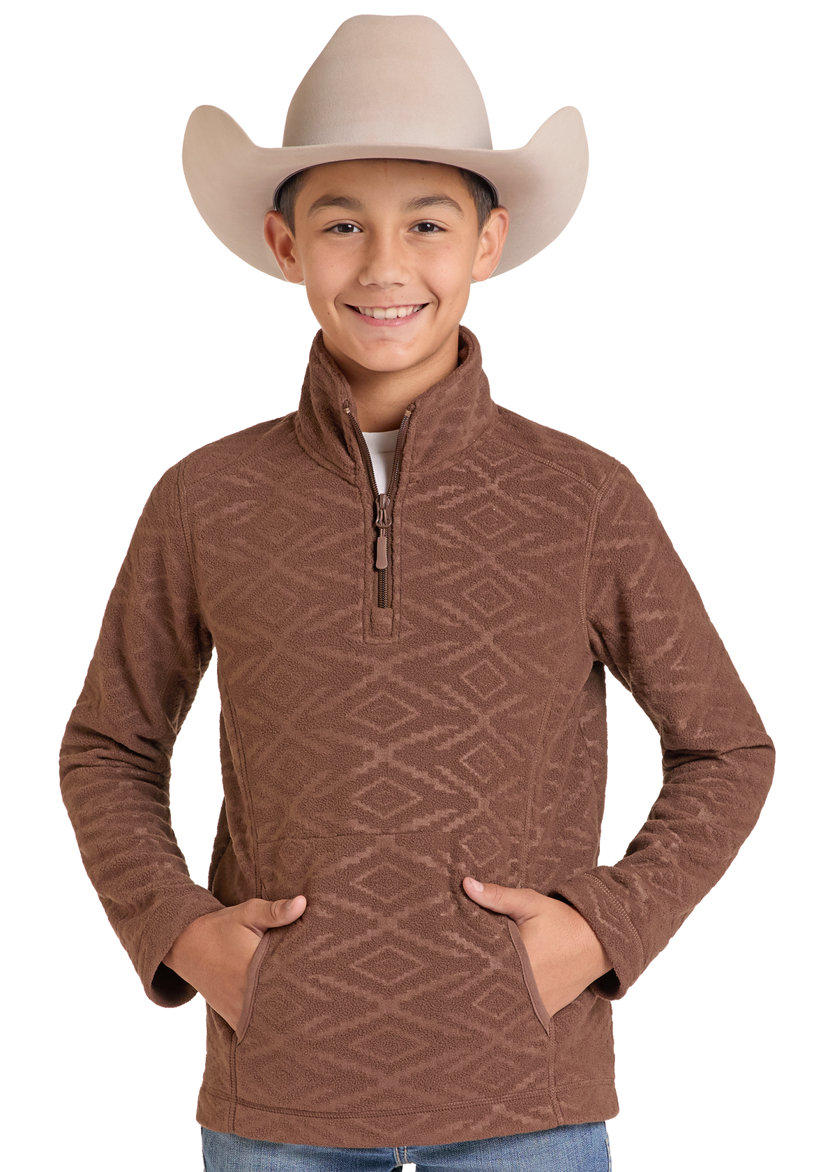 A young boy wearing a brown textured quarter-zip fleece pullover and a beige cowboy hat.
