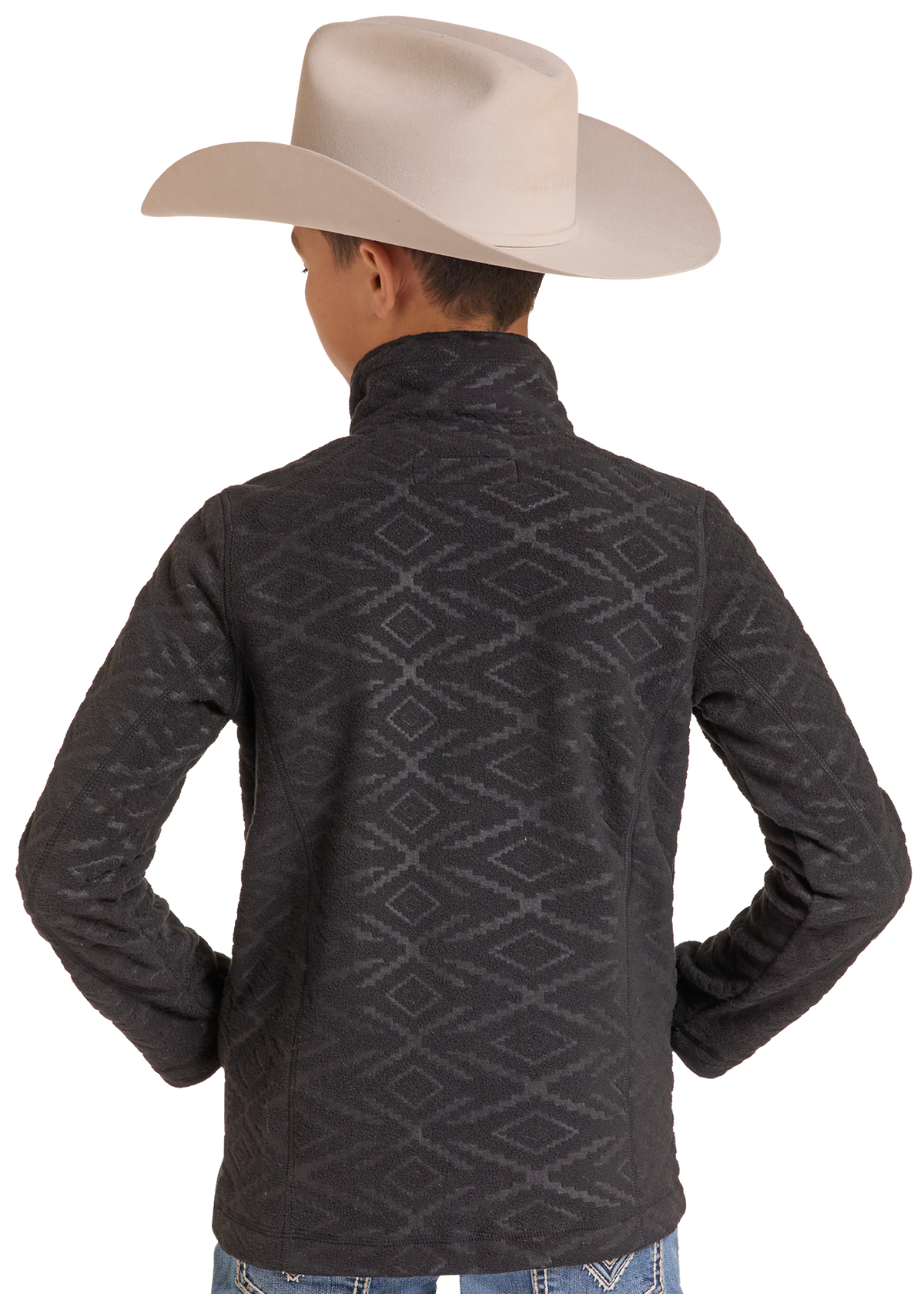 A boy from behind wearing a dark gray patterned quarter-zip fleece jacket and a light beige cowboy hat.