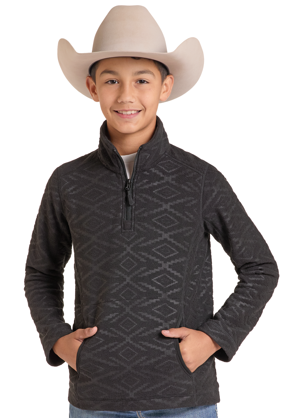 A young boy wearing a dark gray quarter-zip fleece pullover with a subtle geometric diamond pattern, paired with a beige cowboy hat and blue jeans.
