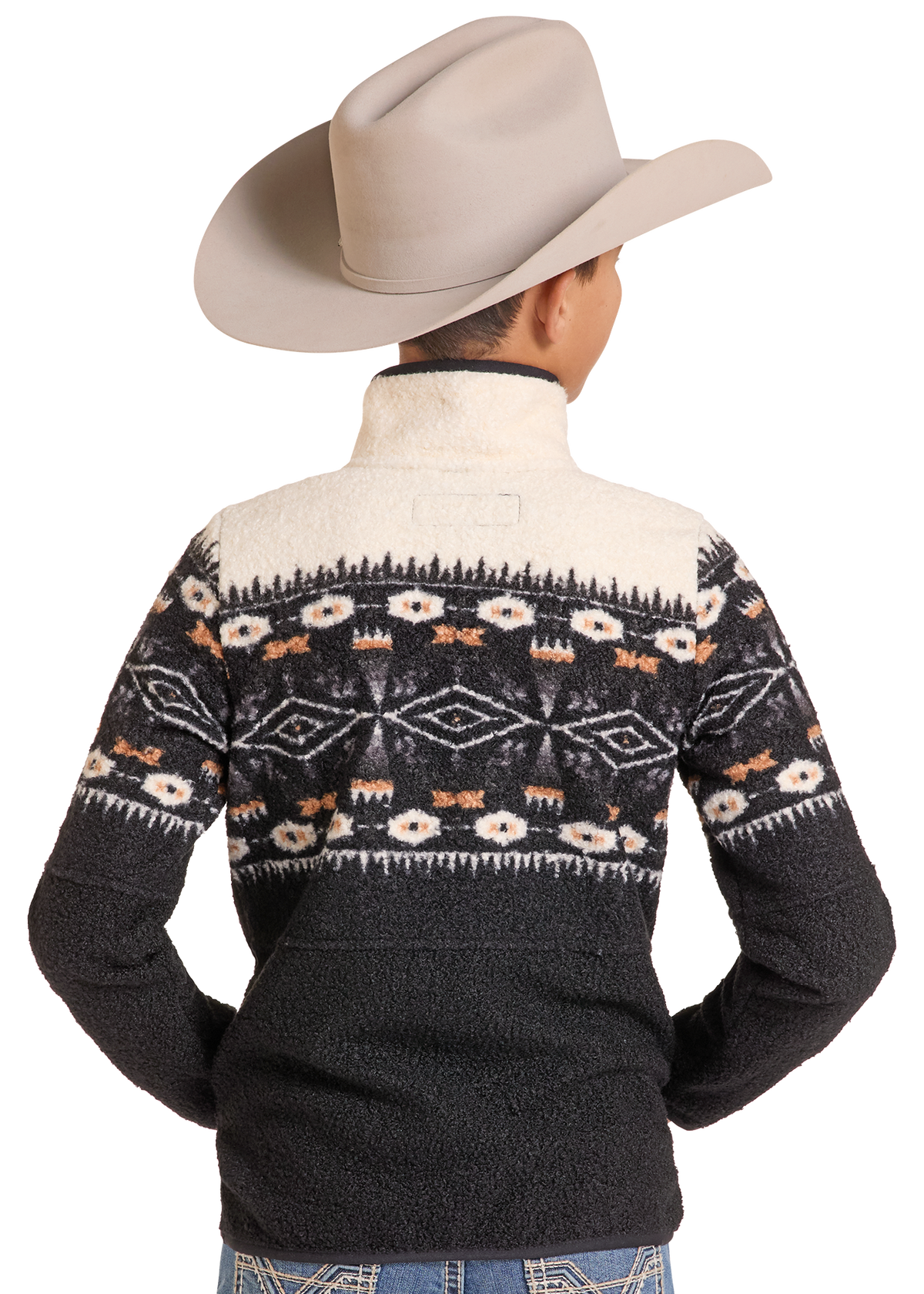A person shown from the back wearing a cream and black patterned fleece sweater with a high collar and a light beige cowboy hat.