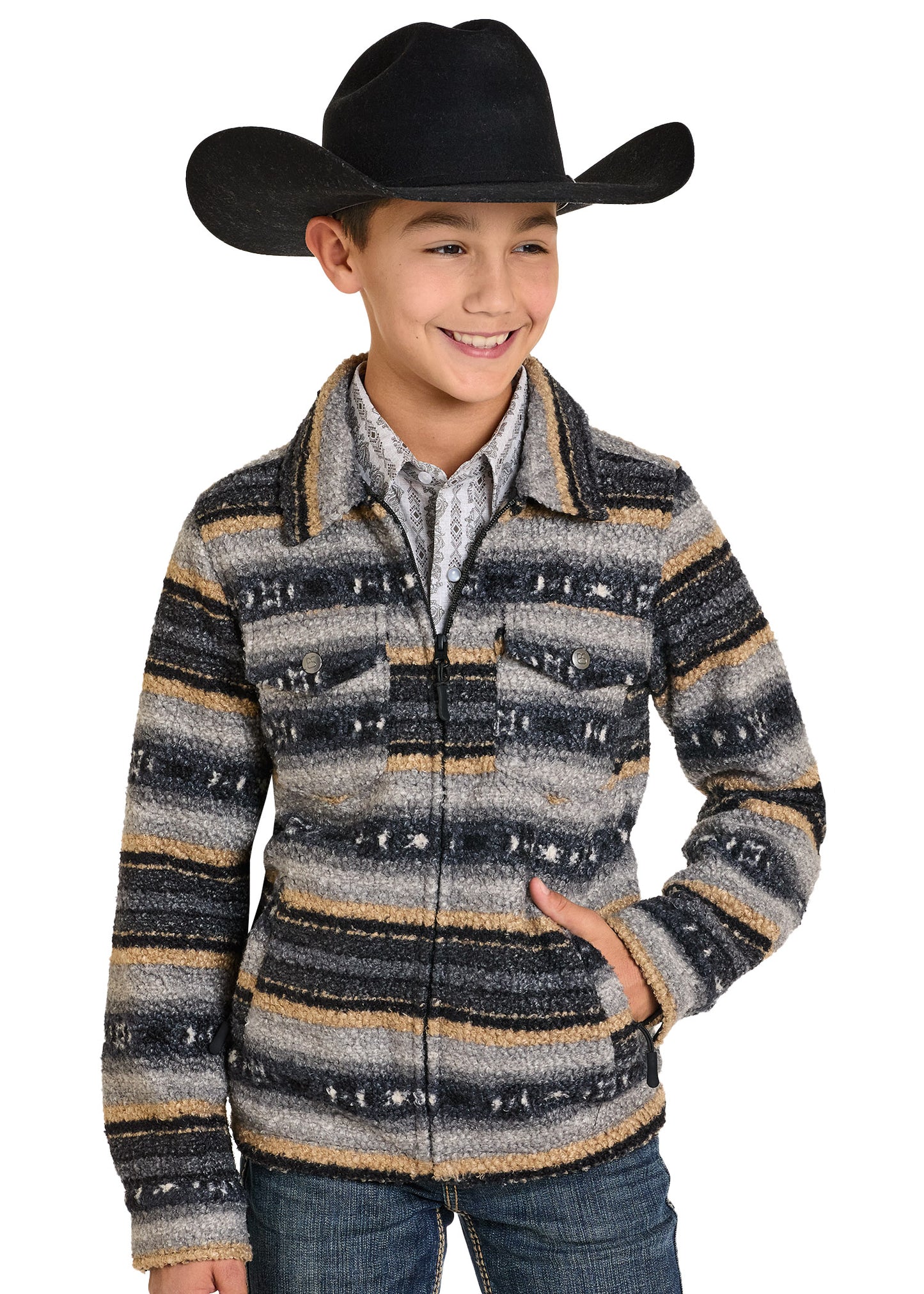 Child wearing a striped jacket and cowboy hat on a white background