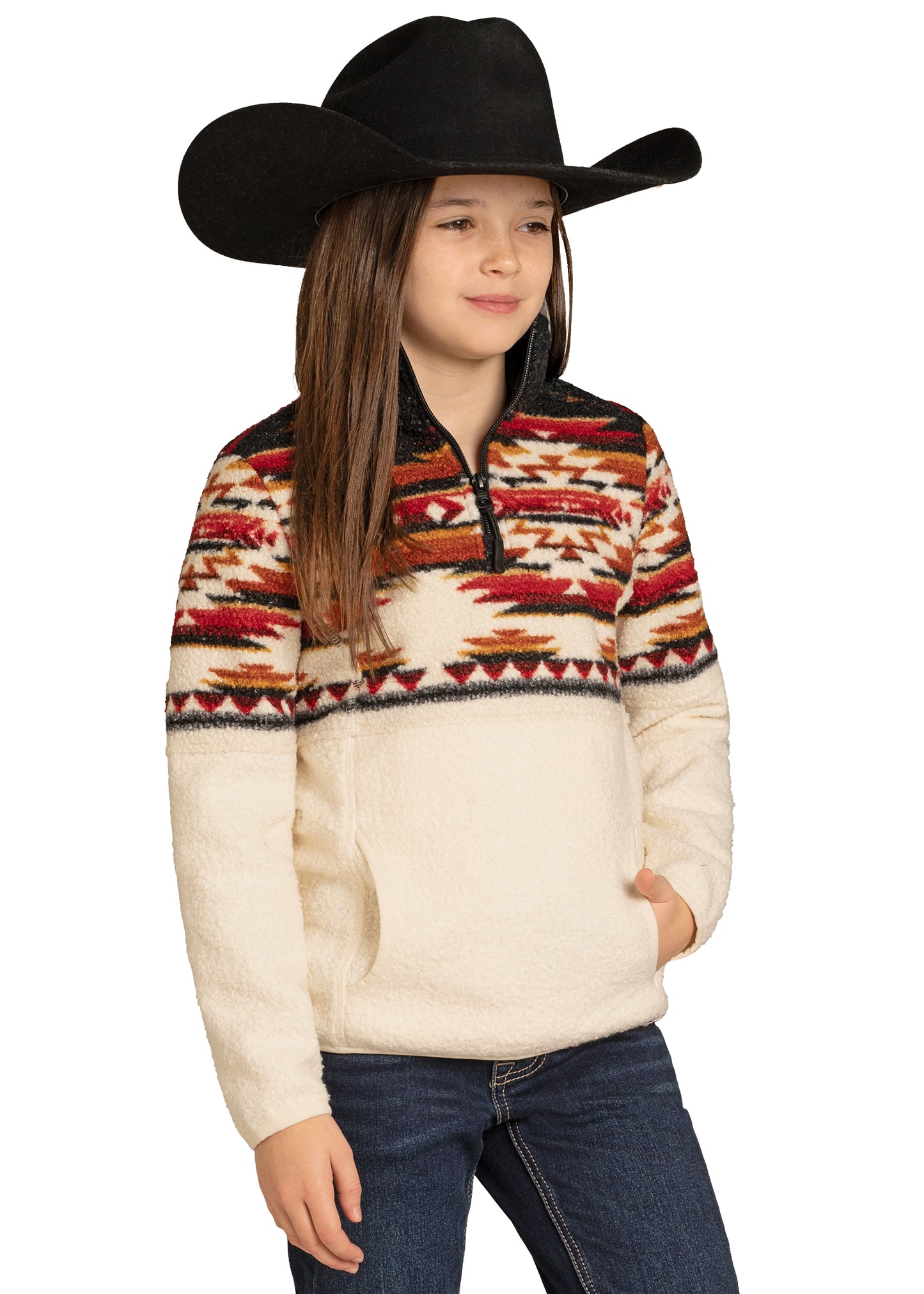Child wearing a patterned sweater and cowboy hat on a white background