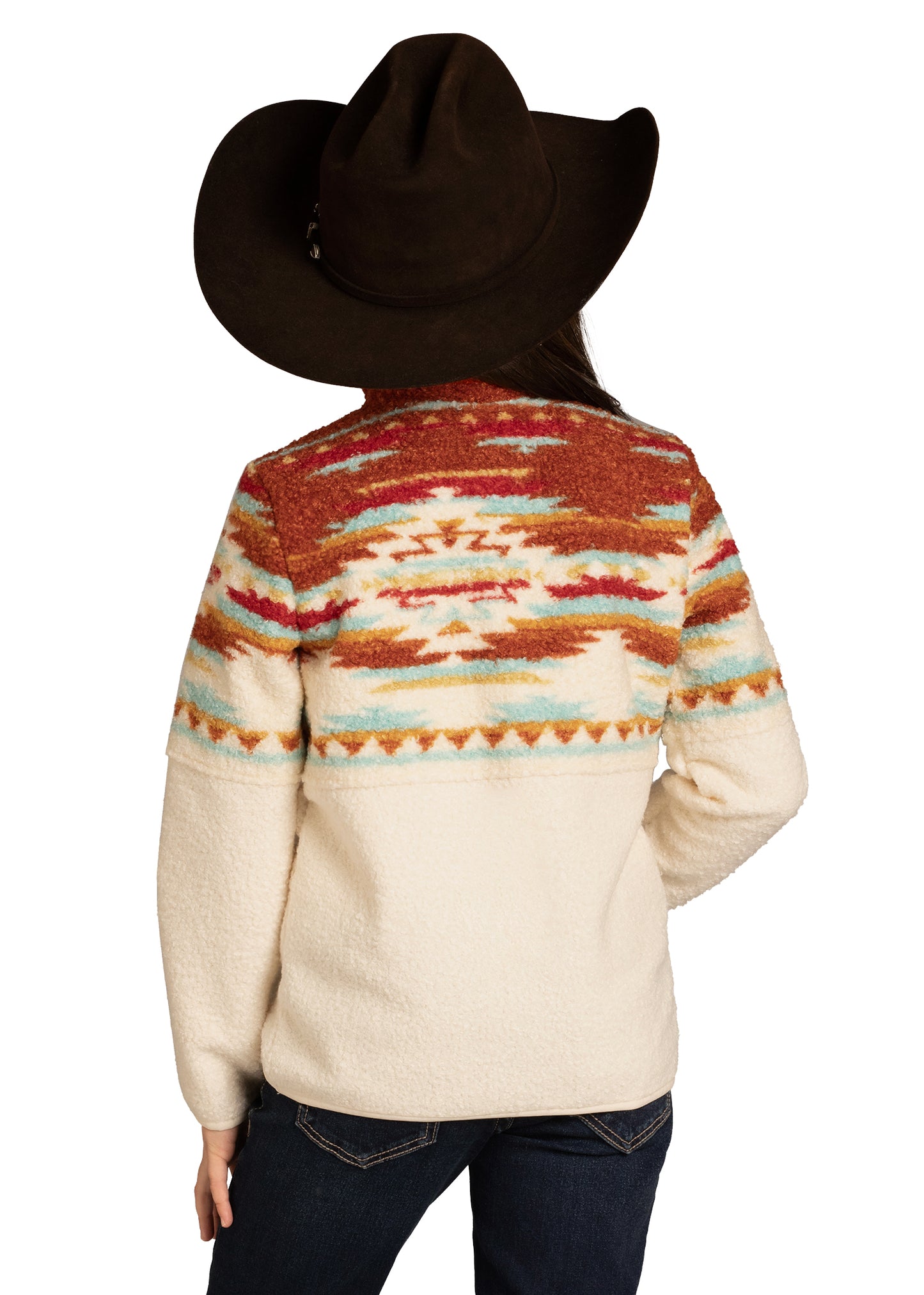 Person wearing a patterned sweater with a white background