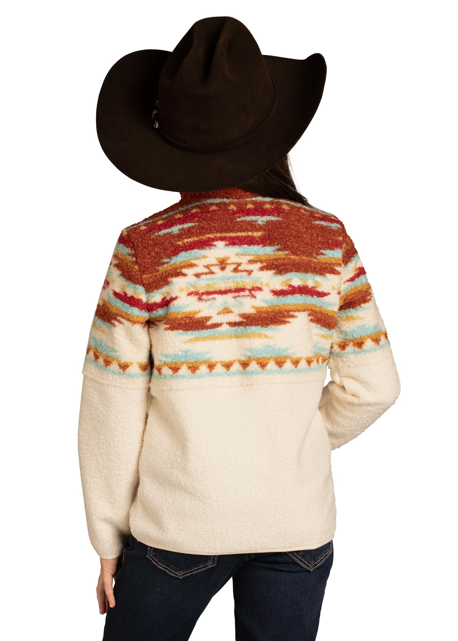 Person wearing a patterned sweater with a white background
