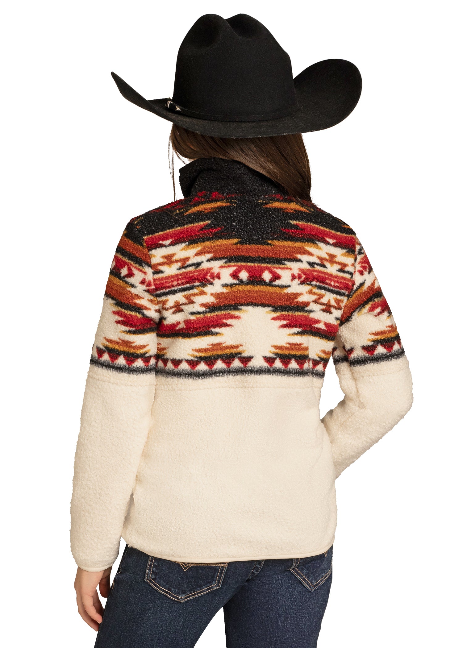 Person wearing a patterned sweater and black cowboy hat on a white background