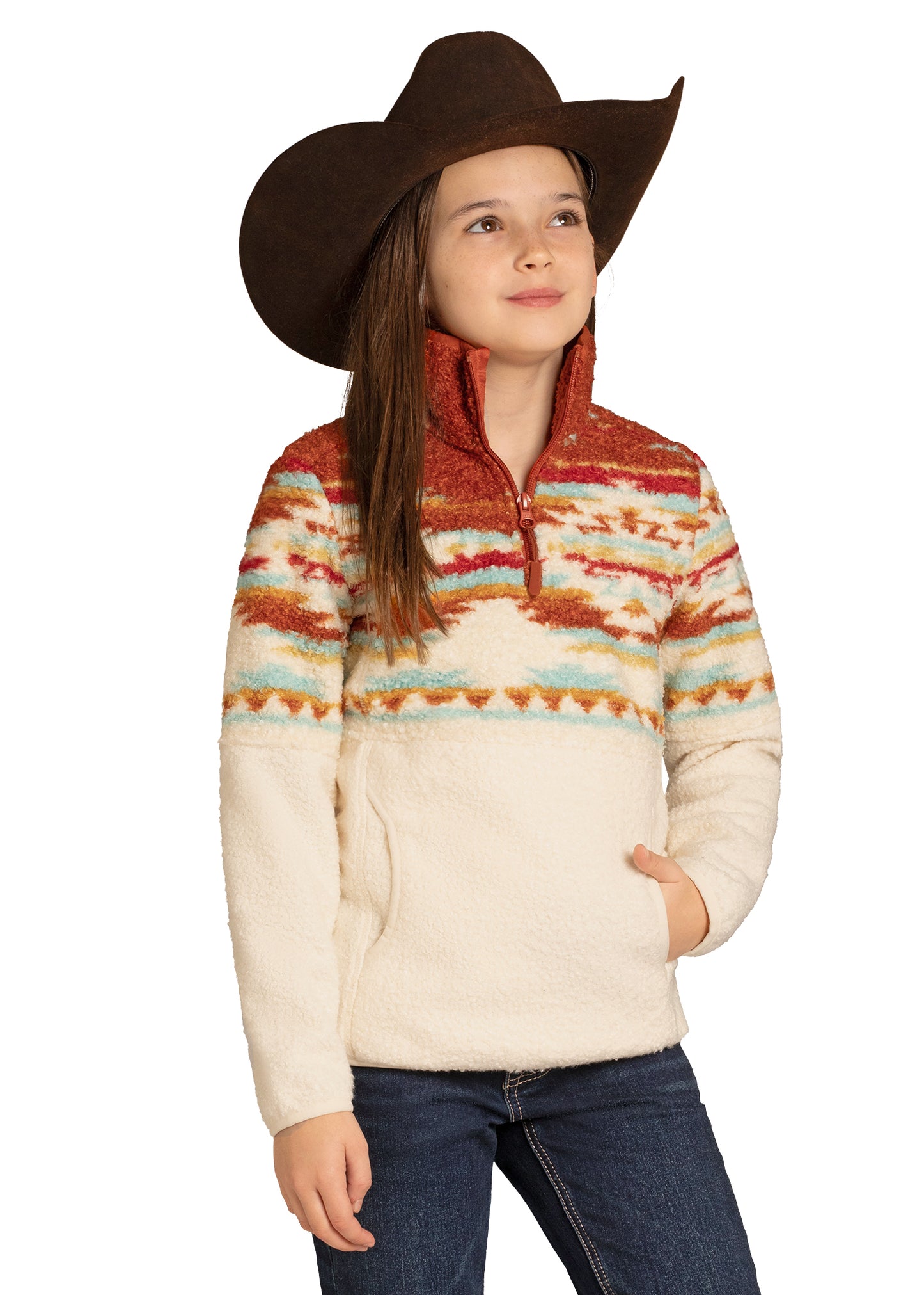 Person wearing a patterned pullover with a cowboy hat on a white background